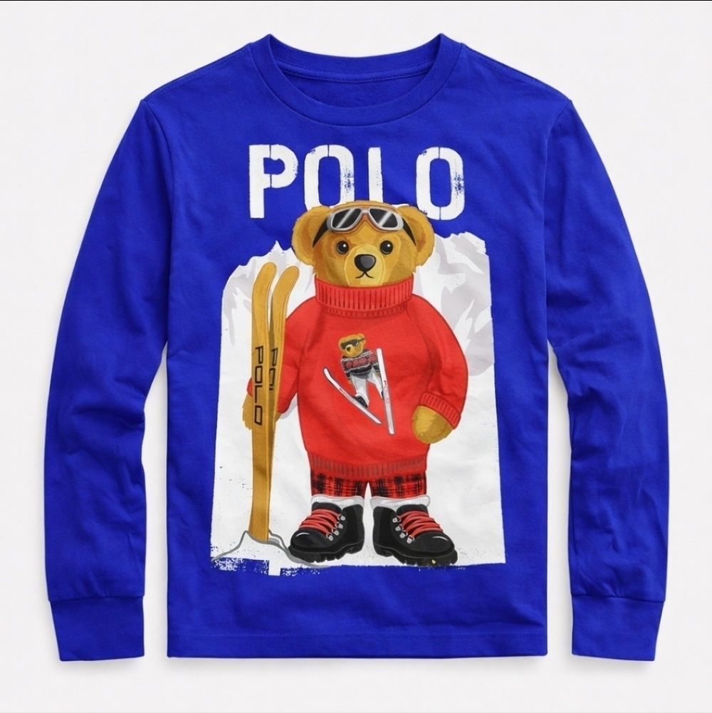 Polo Ralph Lauren Boys XL (18–20) Skiing Polo Bear Long Sleeve Tee Blue NWOT New